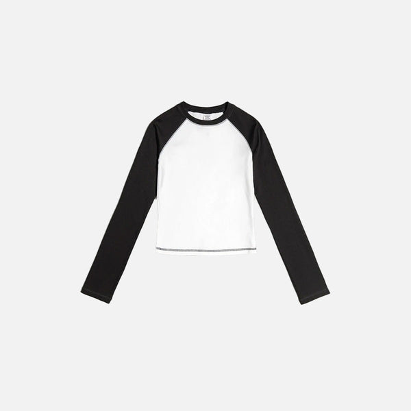 Front view of the black & white  Color Contrast Long Sleeve Women's T-shirt  in a gray background