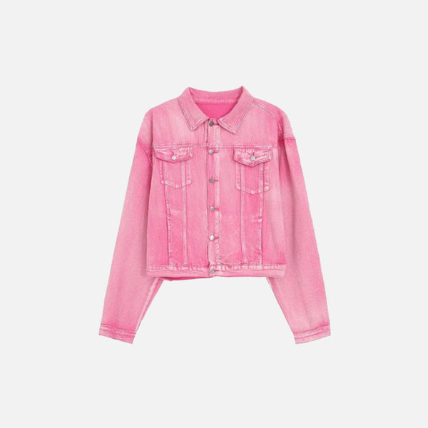 Front view of the Pink Denim Jacket & Pants Two Piece Set in a gray background