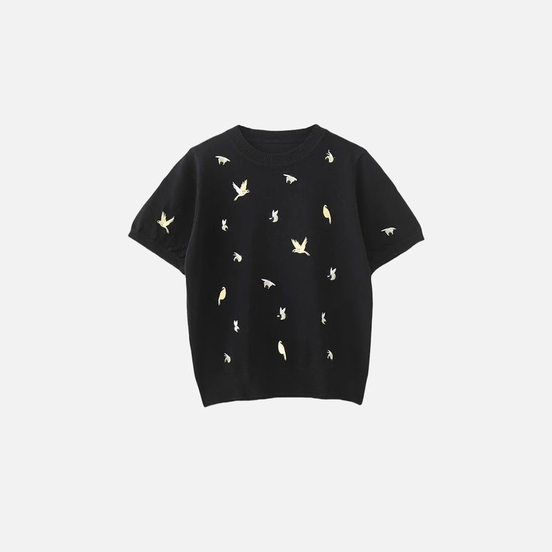 Bird Embroidery Round Neck Everyday T-Shirt