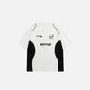 Front view of the white Color Blocking Racing Print T-shirt in a gray background 