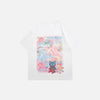 Front view of the white Loose Animation Cartoon Printed T-Shirt in a gray background 