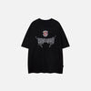 Front view of the black Embroidery Letter Print T-shirt in a gray background 