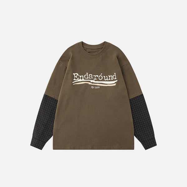 Boxy-Fit Plaid Spliced Long Sleeve T-Shirt alternatif görünüm