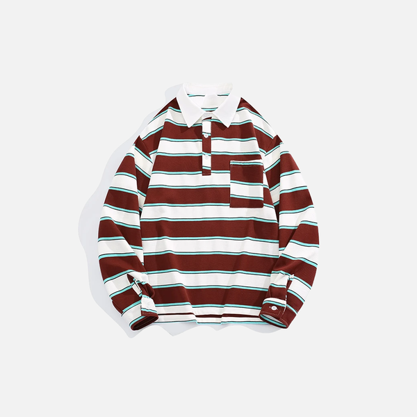 Contrasting Spliced Multi-Stripe Collar-Knit Long Sleeve T-Shirt alternatif görünüm
