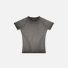 Front view of the dark grey Women's Retro Elastic T-Shirt in a gray background