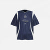 Front view of the blue Vintage Patchwork Sports Graphic T-Shirt in a gray background