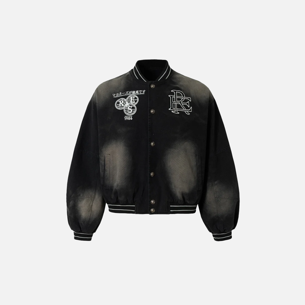Faded Letter Embroidered Baseball Varsity Denim Jacket