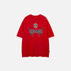 Front view of the red Embroidery Letter Print T-shirt in a gray background 