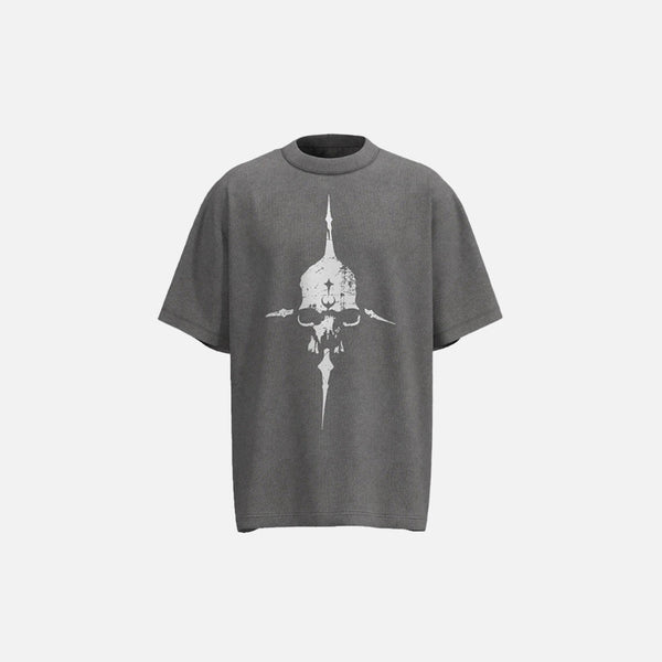 Front view of the grey Celestial Bloom T-shirt in a gray background