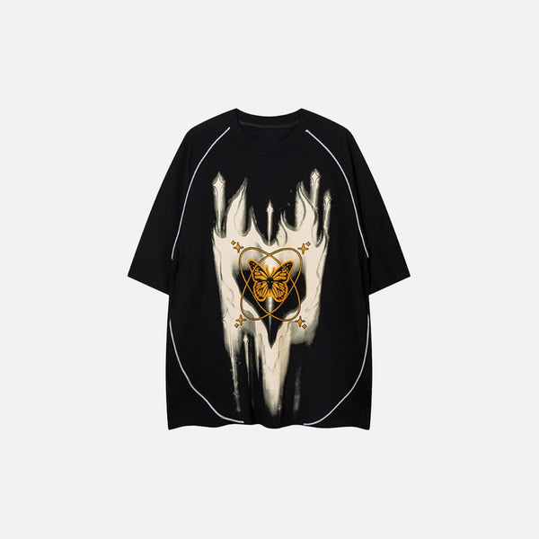 Front view of the back Atomic Butterfly Blaze T-shirt in a gray background