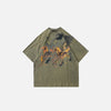 Front view of the khaki Storm Riders Gothic T-shirt in a gray background