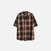 Front view of the coffee Women's Plaid Short-Sleeve Shirt in a gray background