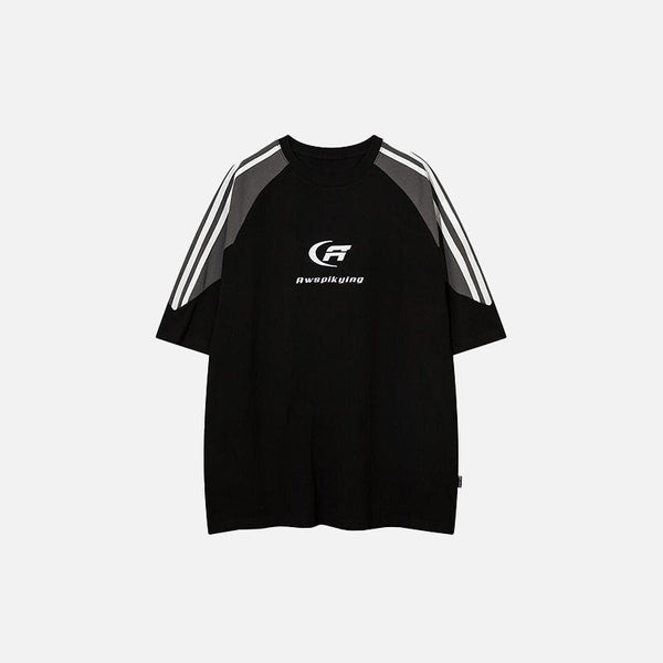 Contrast Color Side Stripe Checkered-Flag T-Shirt alternatif görünüm