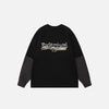Front view of the black Oversized Plaid Patchwork Long Sleeve T-shirt in a gray background 
