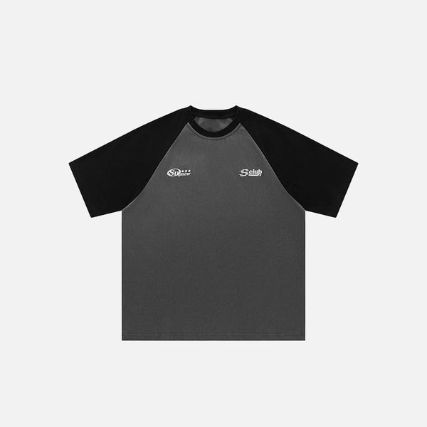Front view of the gray Raglan Sleeve Contrast Color T-shirt in a gray background 