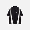 Front view of the black Splicing Color Zip-up Shirt in a gray background 