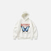 Front view of the white Varsity Butterfly Print Hoodie in a gray background