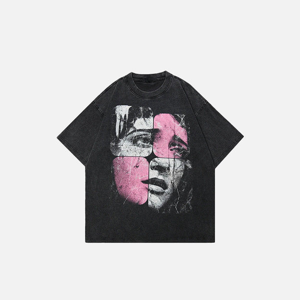 Acid-Rinsed Puzzle Face Illustrated T-Shirt alternatif görünüm