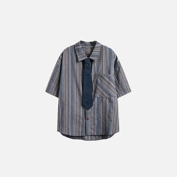 Tie-Collar Stripe Womens Woven Top alternatif görünüm