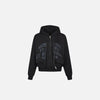 Front view of the black Motivational Zip-Up Hoodie in a gray background