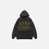 Front view of the black Loose Letter Prints Hoodie in a gray background 