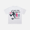 Front view of the white Reality Runner T-shirt in a gray background
