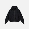 Front View of the black Y2K Torn Tracks Hoodie in a gray background