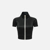 Front view of the black Y2k Women's Zip-up Crop Top in a gray background