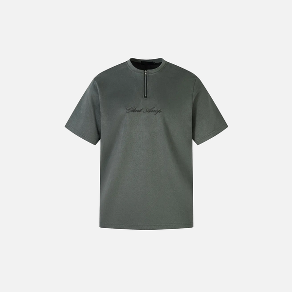 Suede Thread-Work Zipper Short Sleeve T-Shirt