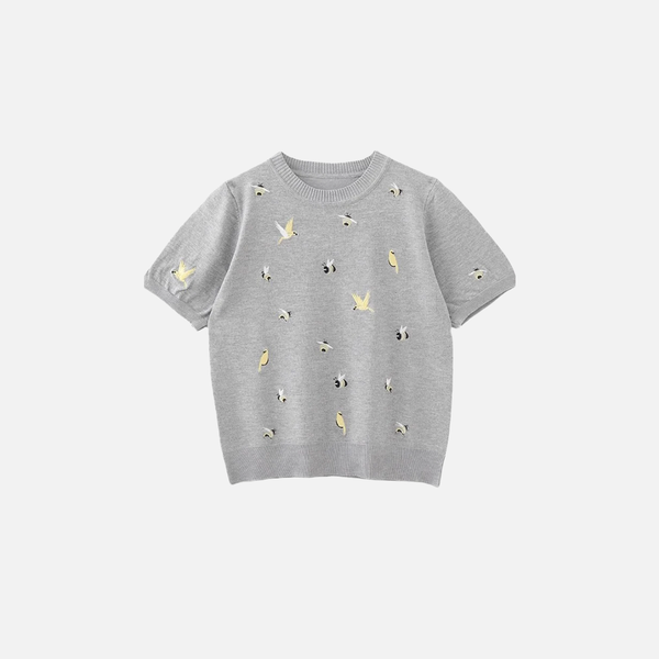 Bird Embroidery Round Neck Everyday T-Shirt alternatif görünüm