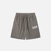 Front view of the gray "Refused Change!" Printed Shorts in a gray background 