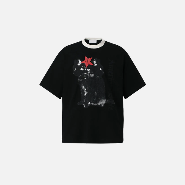 Perfect Fit Black Constellation Visual Whisker Print Cotton T-Shirt alternatif görünüm