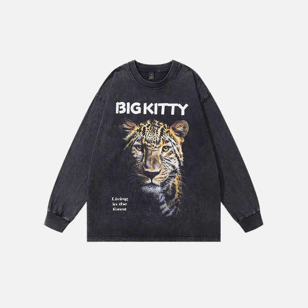 Boxy-Fit Faded-Wash Black Tiger Designed Long Sleeve T-Shirt