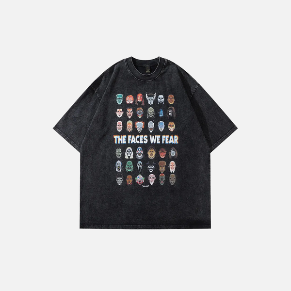 Noir-Edge No-Rules Hand-Drawn-Art Faces Print T-Shirt