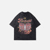 Front view of the black Flame Skull Heart Graphic T-shirt in a gray background 