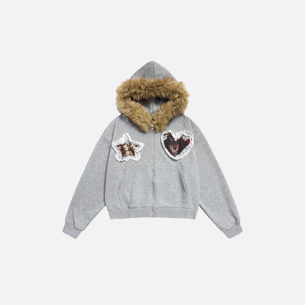 Heart Zip Fur Hood Sweatshirt