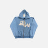 A front view of the sky blue DTY Hoodies in a gray background 