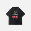Front view of the black Vintage Cherry Fruit Graphic T-shirt in a gray background