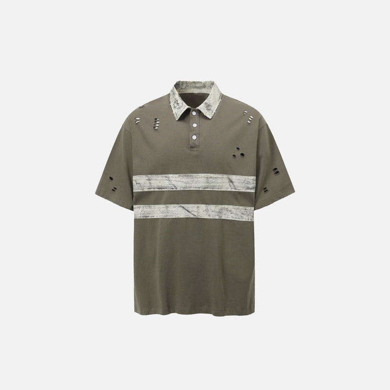 Dirty Color Block Line-Pattern Collar-Knit T-Shirt
