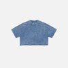 Front view of the blue Women's Retro Washed Distressed T-shirt in a gray background