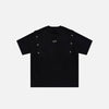 Front view of the black Vintage Metal Patchwork T-shirt in a gray background