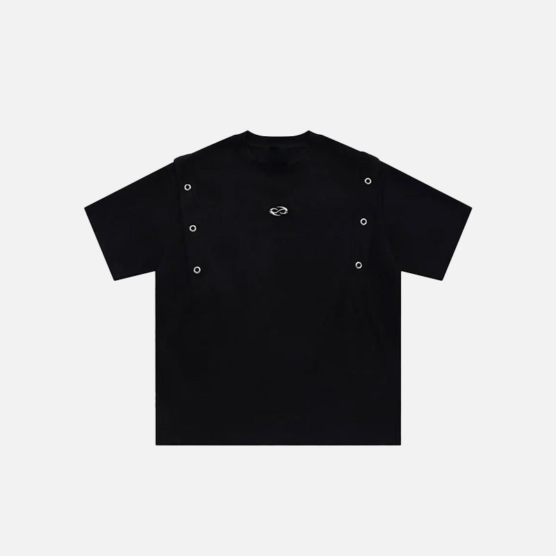 Front view of the black Vintage Metal Patchwork T-shirt in a gray background