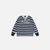 Front view of the blue Classic Striped Rugby T-shirt in a gray background
