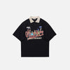 Front view of the black "Street Memort" Printed T-Shirt in a gray background