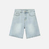 Front view of the light blue Retro Chic Denim Shorts in a gray background