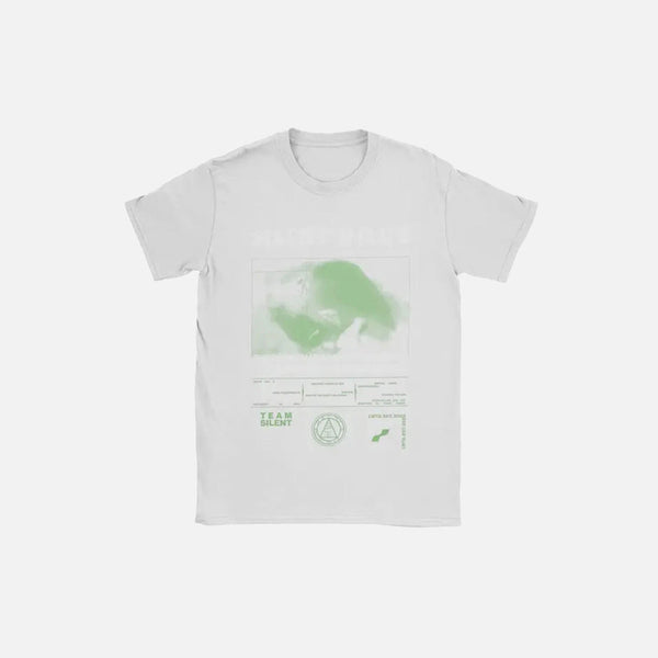 Front view of the white Silent Hill 2 Graphic T-Shirt in a gray background