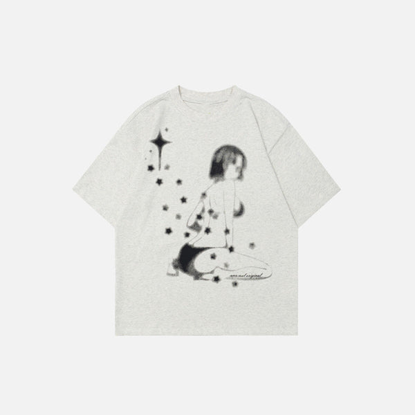 Hand-Drawn-Art Characters Imprinted Short Sleeve T-Shirt alternatif görünüm