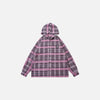 Front view of the pink Plaid Hooded Button-Up Shirt in a gray background