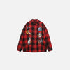 Front view of the red Playful Feline Checkered Shirt in a gray background