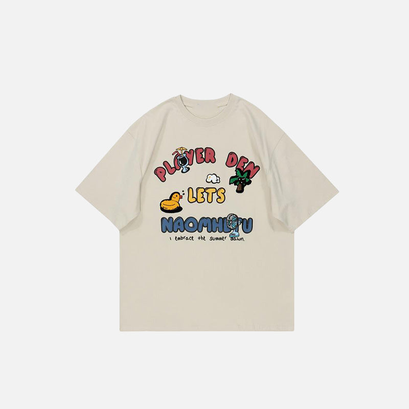 Front view of the apricot Cute Graphic Loose T-Shirt in a gray background 